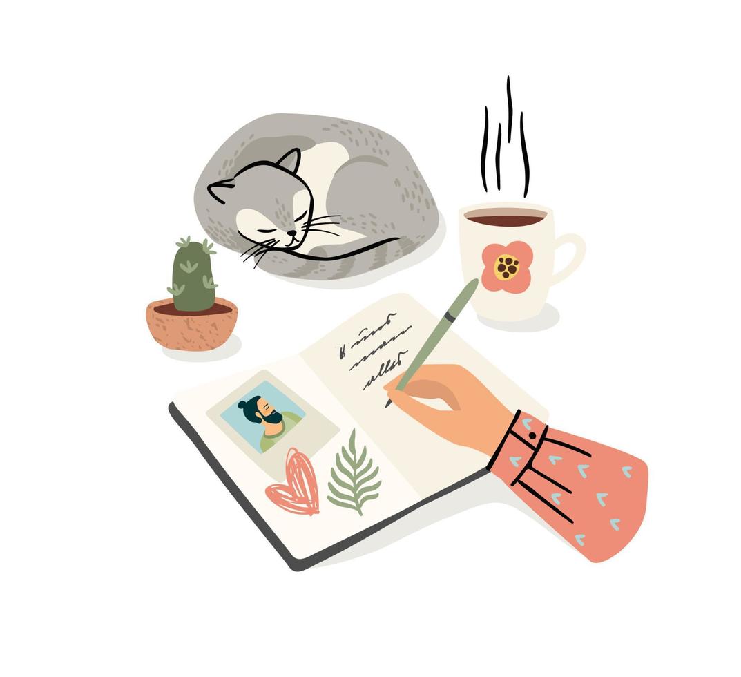 Woman writes. Romantic illustration. Isolated vector design concept for Valentines Day and other use.