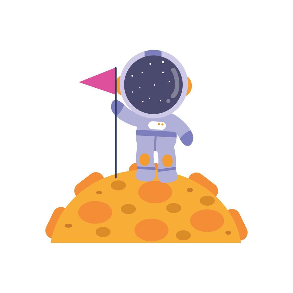 illustration vector graphic little astronaut lands on the moon while waving flag