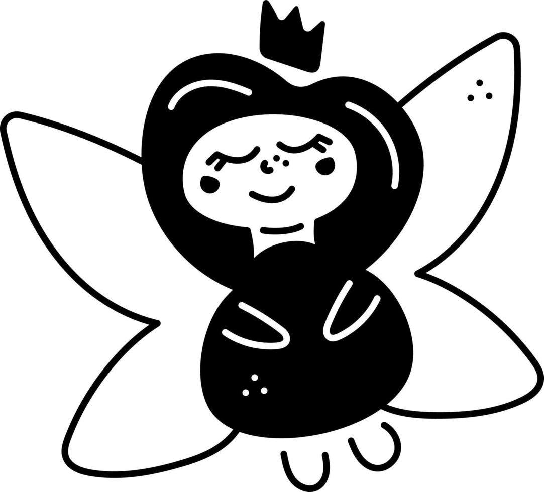 Fairy doodle2. Cute single fairy princess character. Cartoon white and black vector illustration.