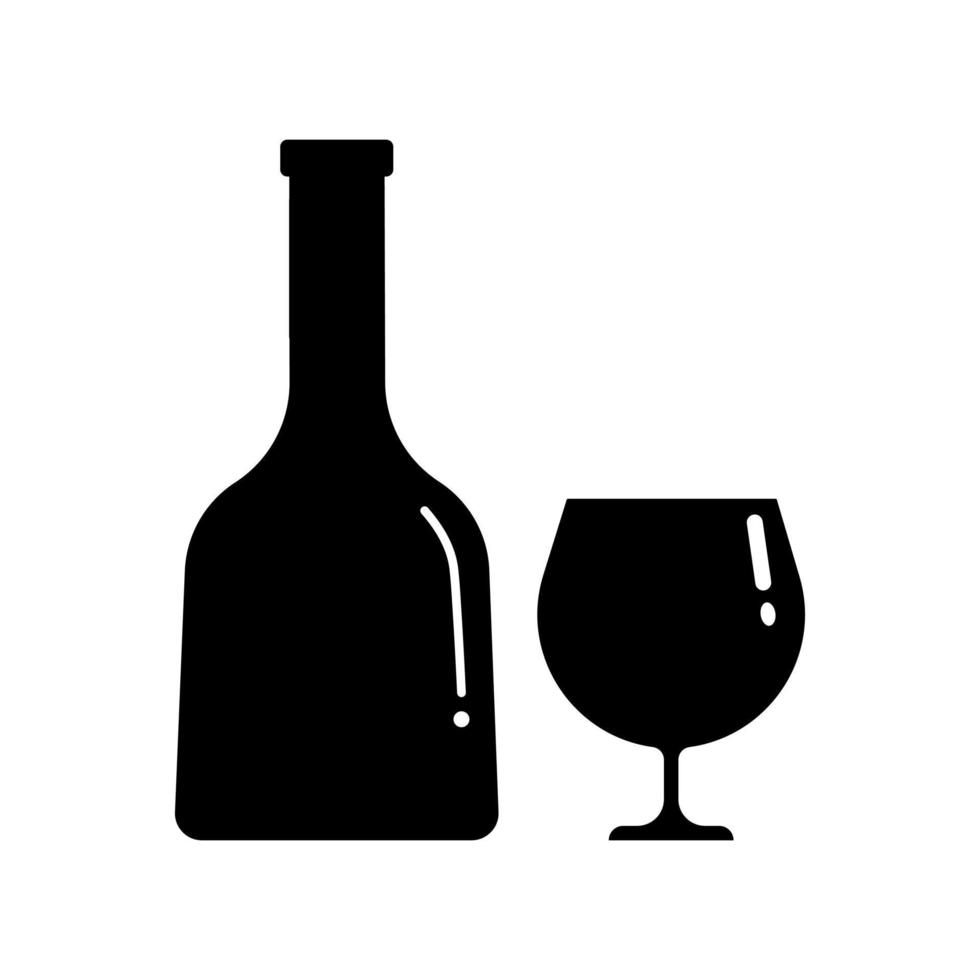 Set of alcohol bottle and glass silhouettes. Vector clip art isolate on white. Simple minimalist illustration in black color.