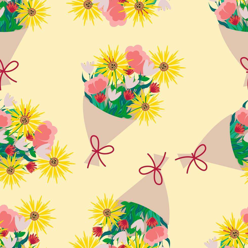 Bouquet of different flowers seamless pattern. Vector beige floral print in flat style