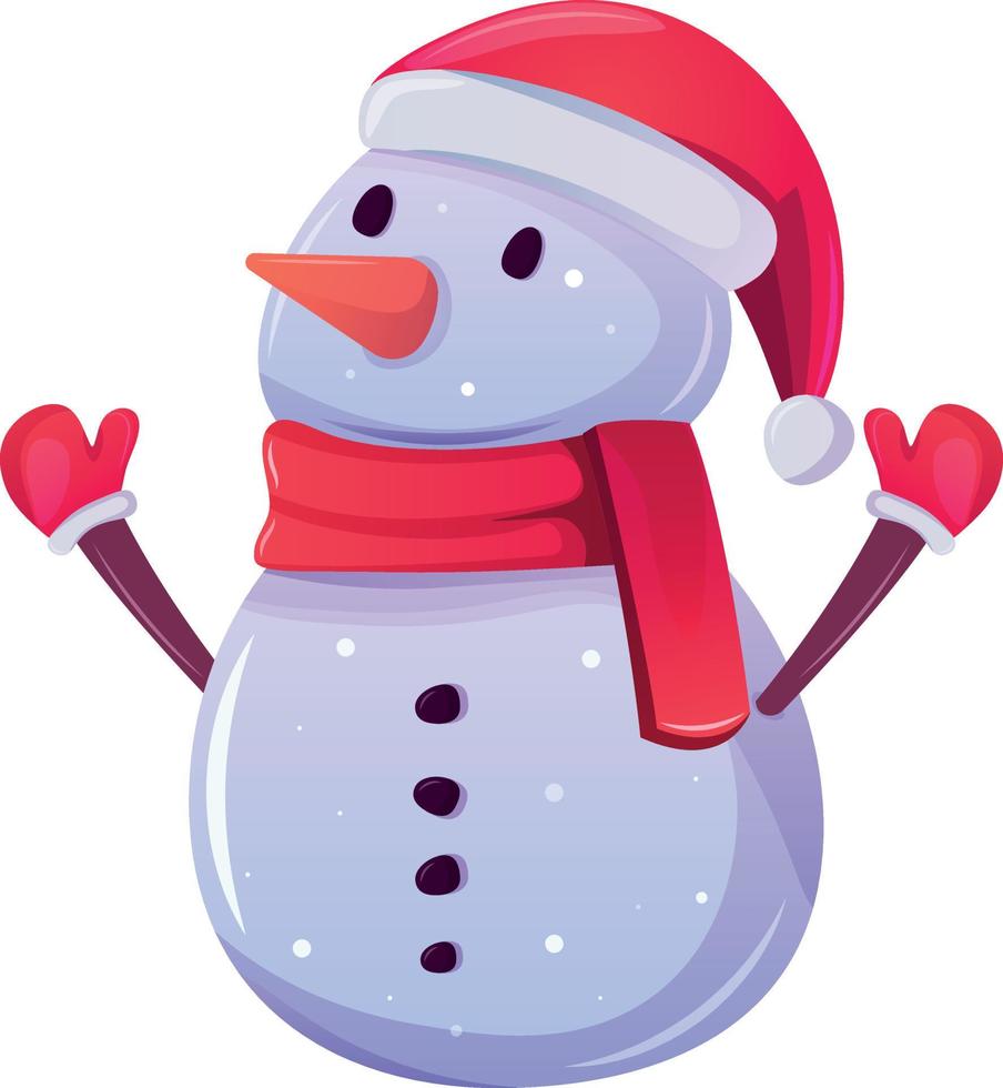 Cartoon Snowman in red hat and scarf with open arms in glowes. Vector illustration. Christmas character for greeting cards. Happy winter holiday concept.