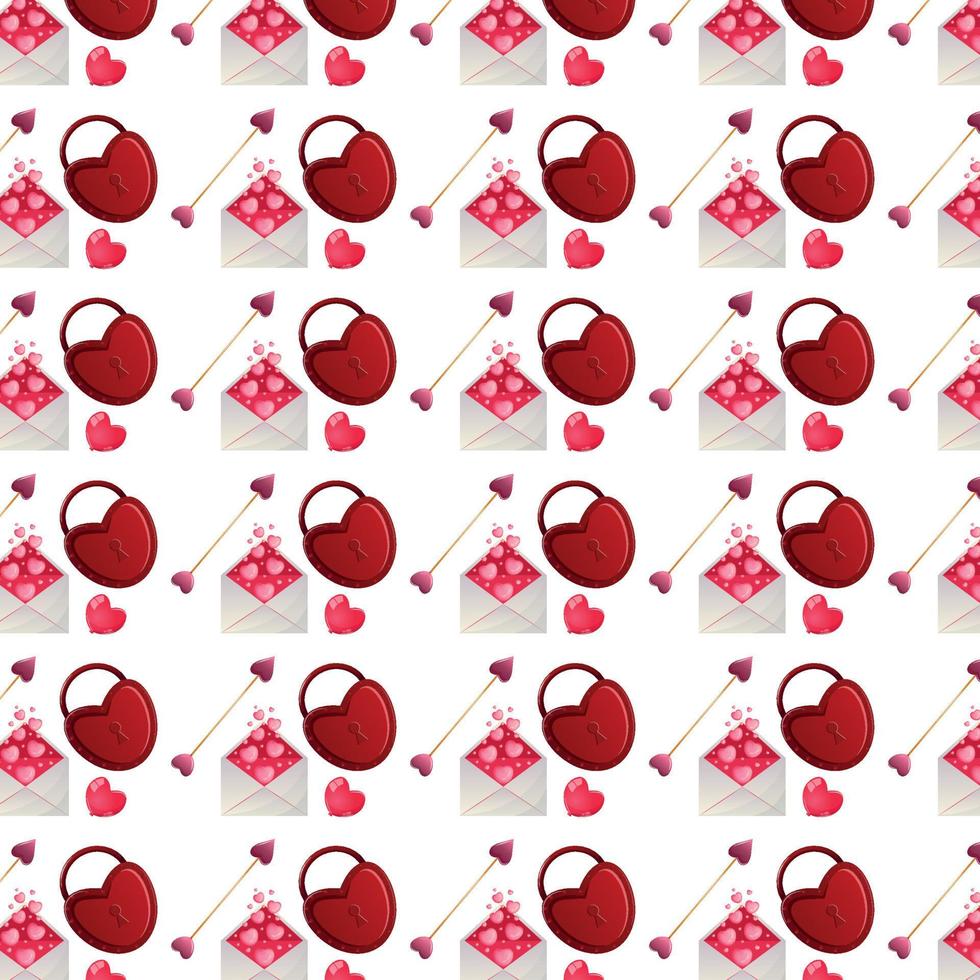Cartoon seamless pattern with love mail, arrow, and heart-shaped lock. Romantic digital paper for Valentine's day, wedding invitations, greeting cards, scrapbooking, print, gift wrap. vector