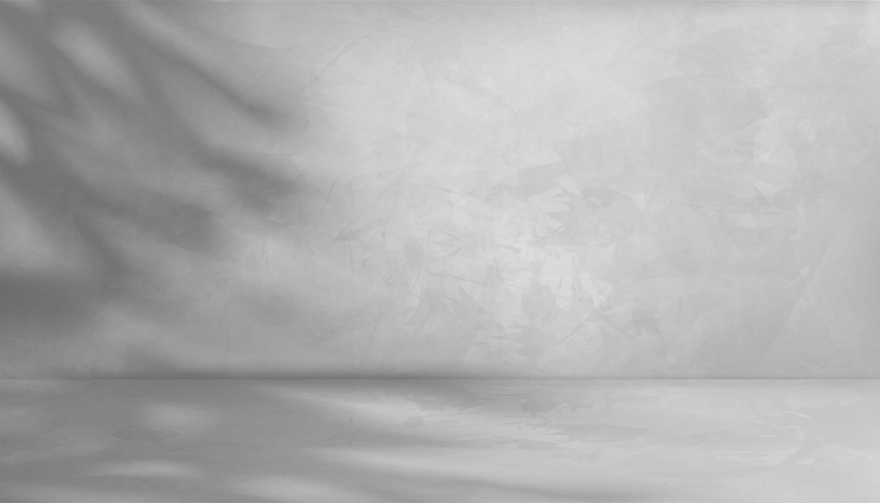 fondo de textura de cemento gris de pared con luz y sombra de hojas, sala de estudio de pantalla 3d de fondo, suelo de hormigón gris con patrón de superficie agrietada y sombra de hojas reflejada en la sala de pared vacía vector