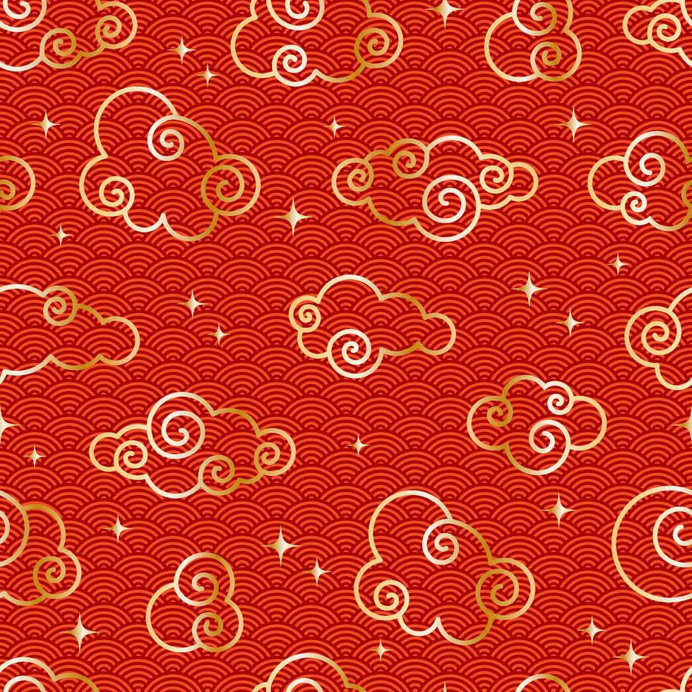 Chinese vintage cloud seamless pattern. Red background with golden sky and stars. Traditional oriental ornament. Vector