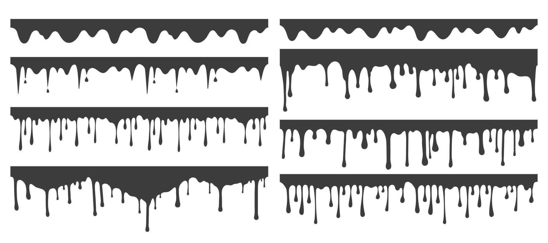 Melted drips and liquid paint drops. Current chocolate, ink, honey or syrup. Oil and cream blobs. Vector seamless border.