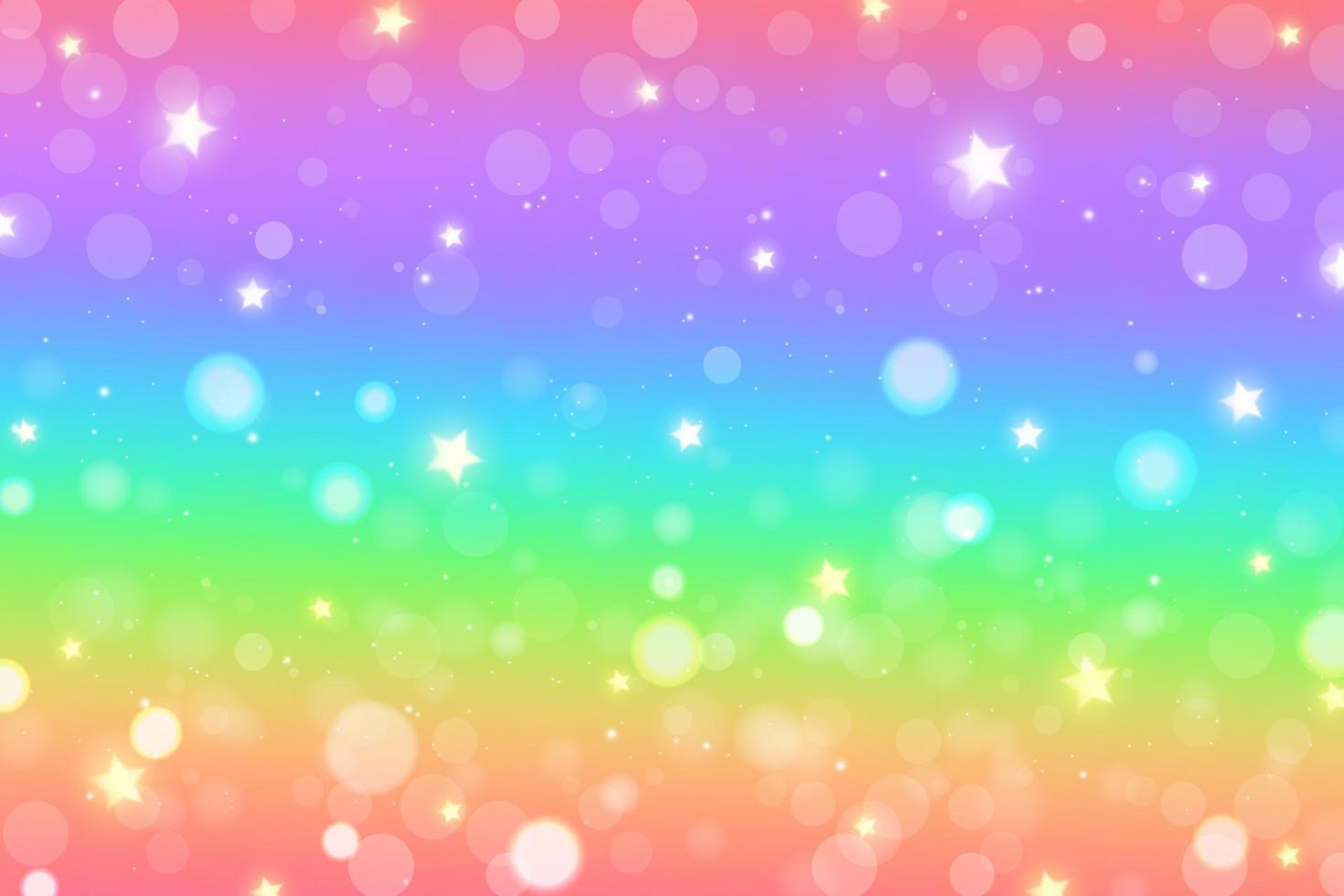 Fondo de fantasía de arco iris. Ilustración holográfica en colores pastel. Fondo femenino de dibujos animados lindo. cielo multicolor brillante con estrellas. vector. vector