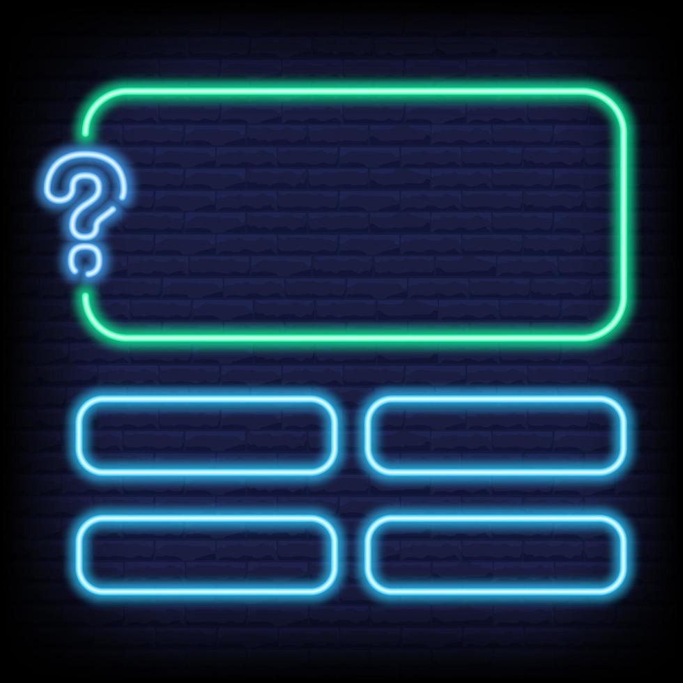 Neon quiz game template with question mark. Four options answers for knowledge exam in school, tv show. Vector Illustration 10 eps