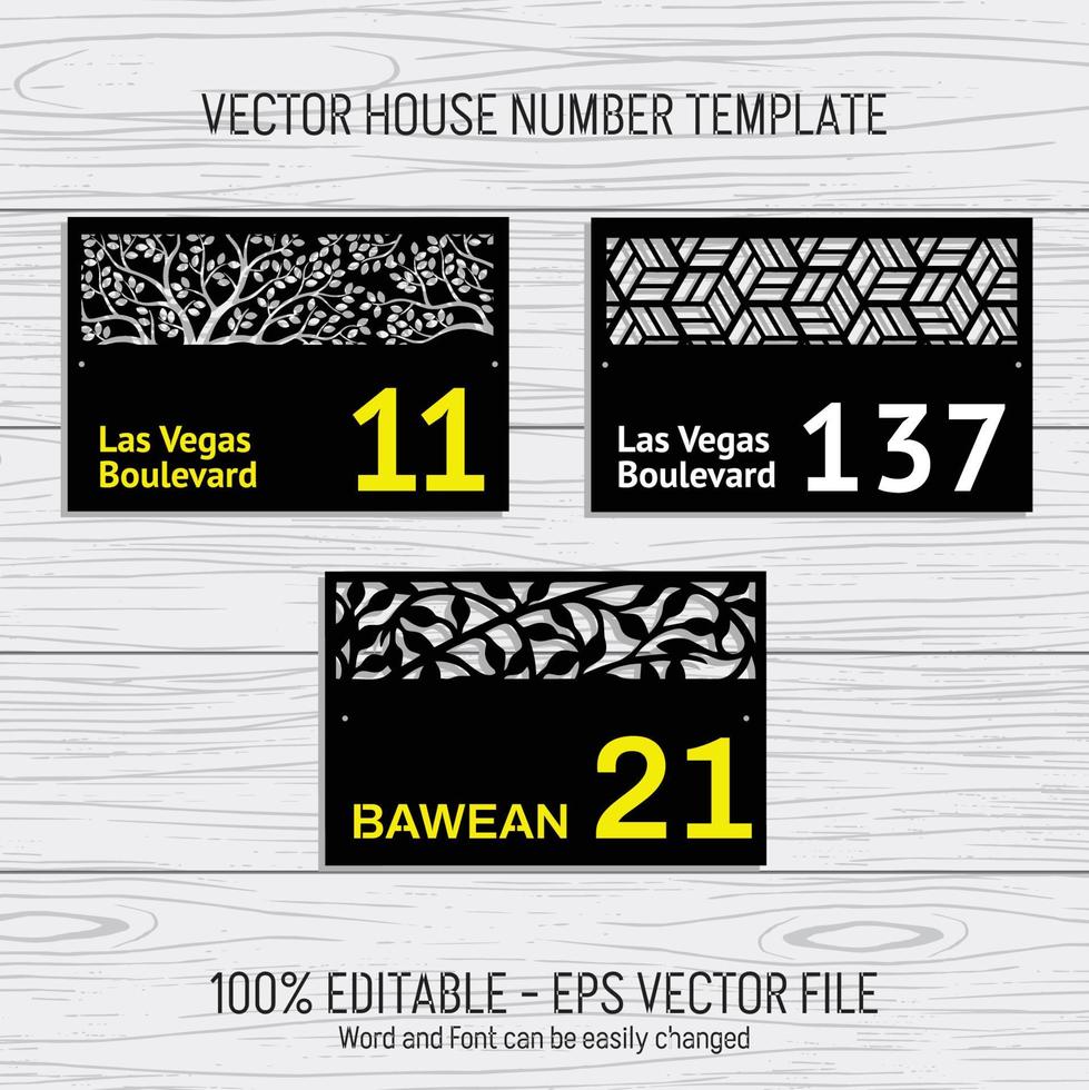 Laser cutting template files for house numbers, housing numbers, room numbers, villas, pavilions, apartments, and street names vector