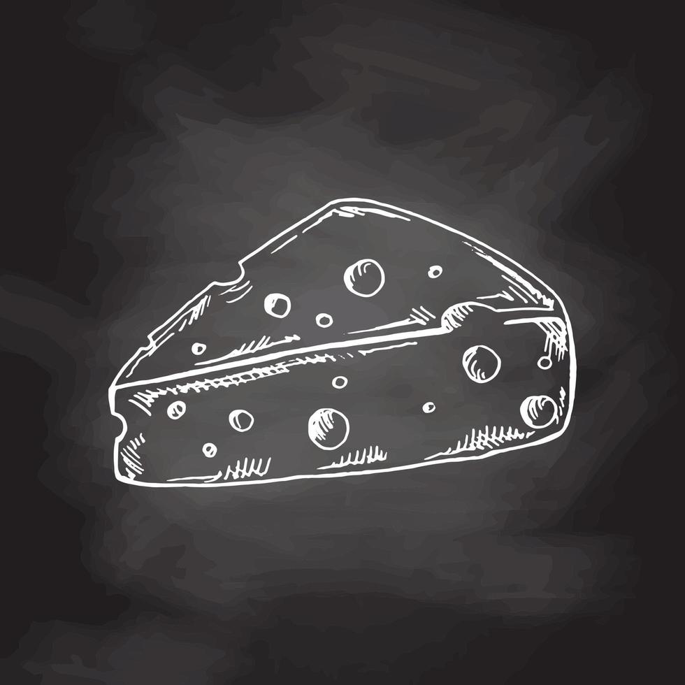 Hand drawn sketch piece of cheese. Chalkboard vector black and white vintage illustration. Isolated object on white background.