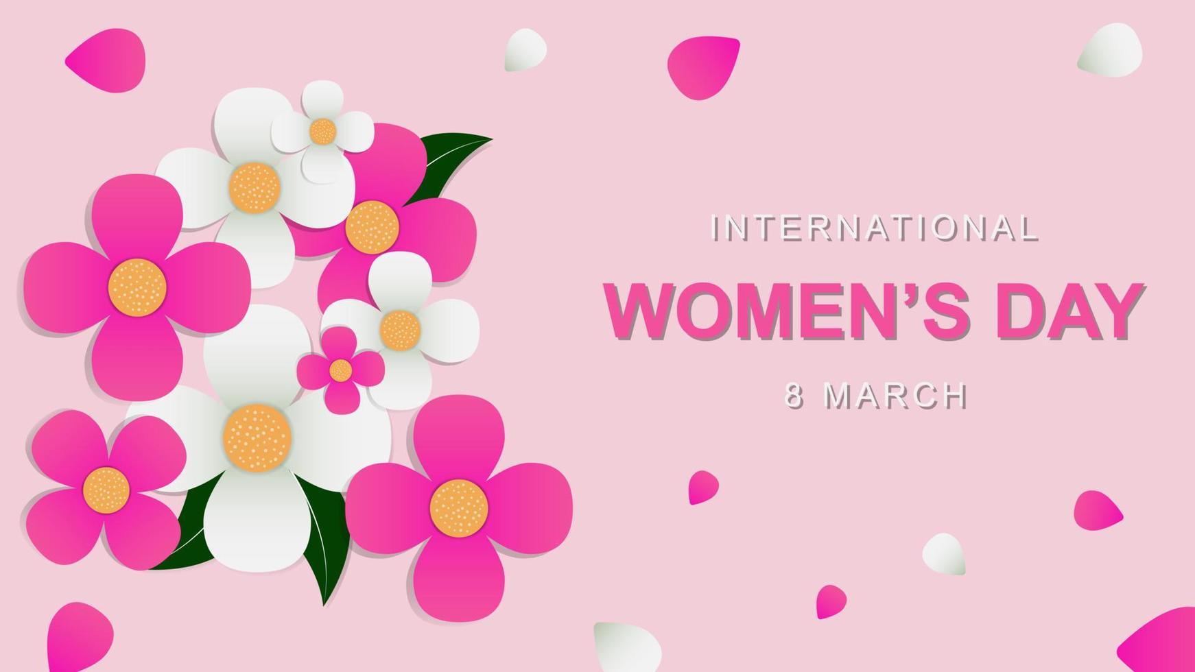 Happy international women's day 8 march floral decoration on pink background. Greeting card for women's day. Vector illustration. EPS 10.