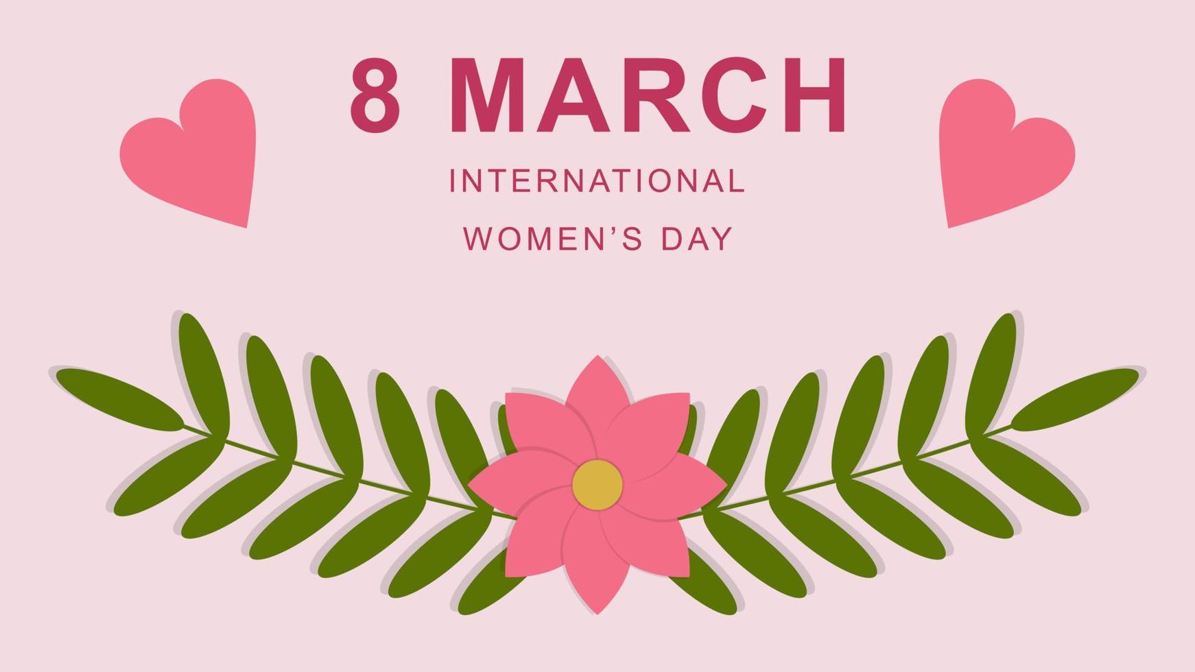 8 march international women's day background. Floral decoration with flowers, love and leaves. Greeting card on pink. Vector illustration. EPS 10.