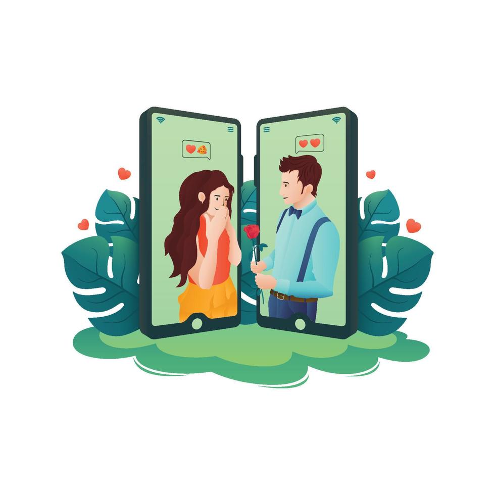 ilustración de la aplicación de citas en línea, pareja de chat, texto, sms, amor, partido, móvil, hojas, degradado, ilustración vectorial de caracteres. vector