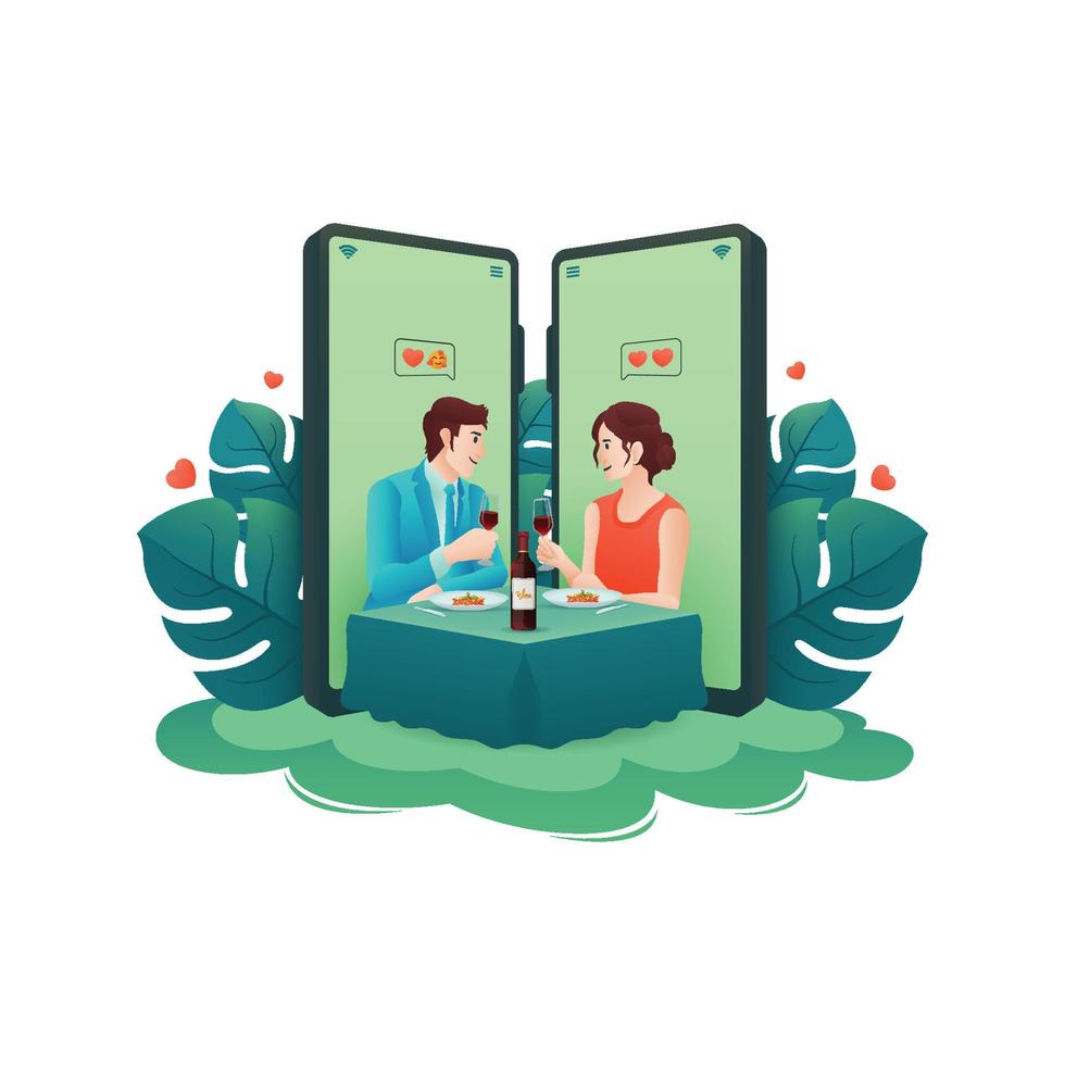 Online dating app illustration, date couple, dinner online, Text, sms, love, match, mobile, leaves, gradient, Character vector illustration.