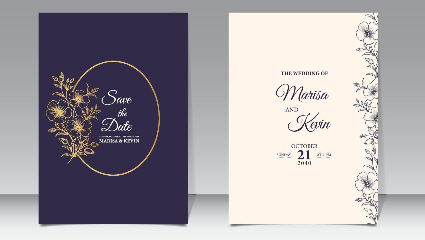 Luxury wedding invitation with gold line style minimalist floral premium vector