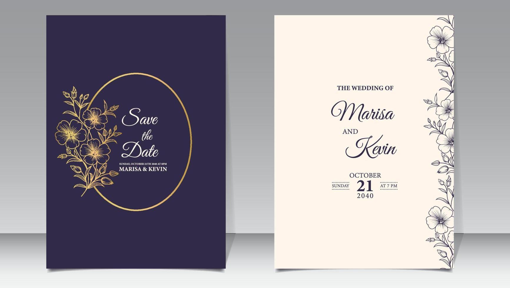 Luxury wedding invitation with gold line style minimalist floral premium vector