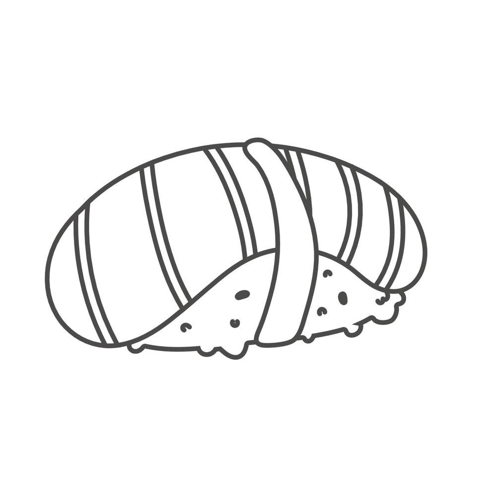 rollo de sushi de fideos con sésamo, comida japonesa. icono de estilo de dibujos animados de rollo de sushi. sushi aislado sobre fondo blanco. sushi de dibujos animados vectoriales. logotipo, icono. rollos de sushi estilo dibujo a mano. comida asiática vector