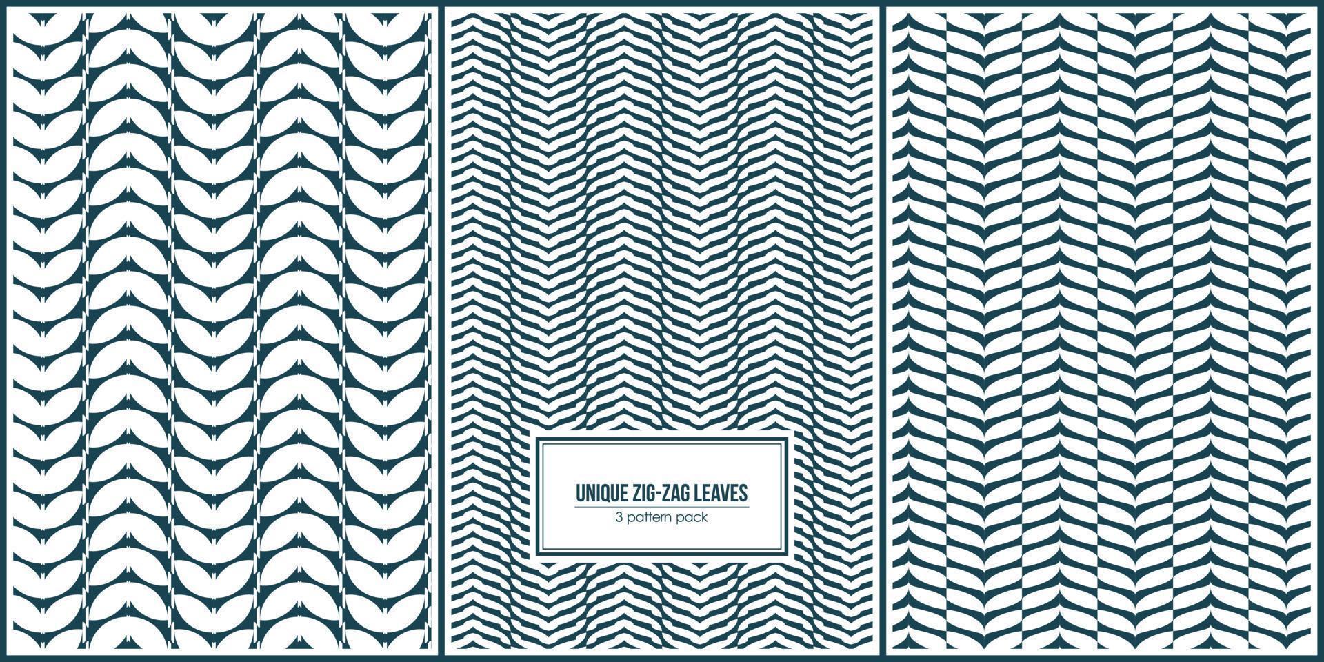 three pattern pack of unique zig-zag leaves shape vector