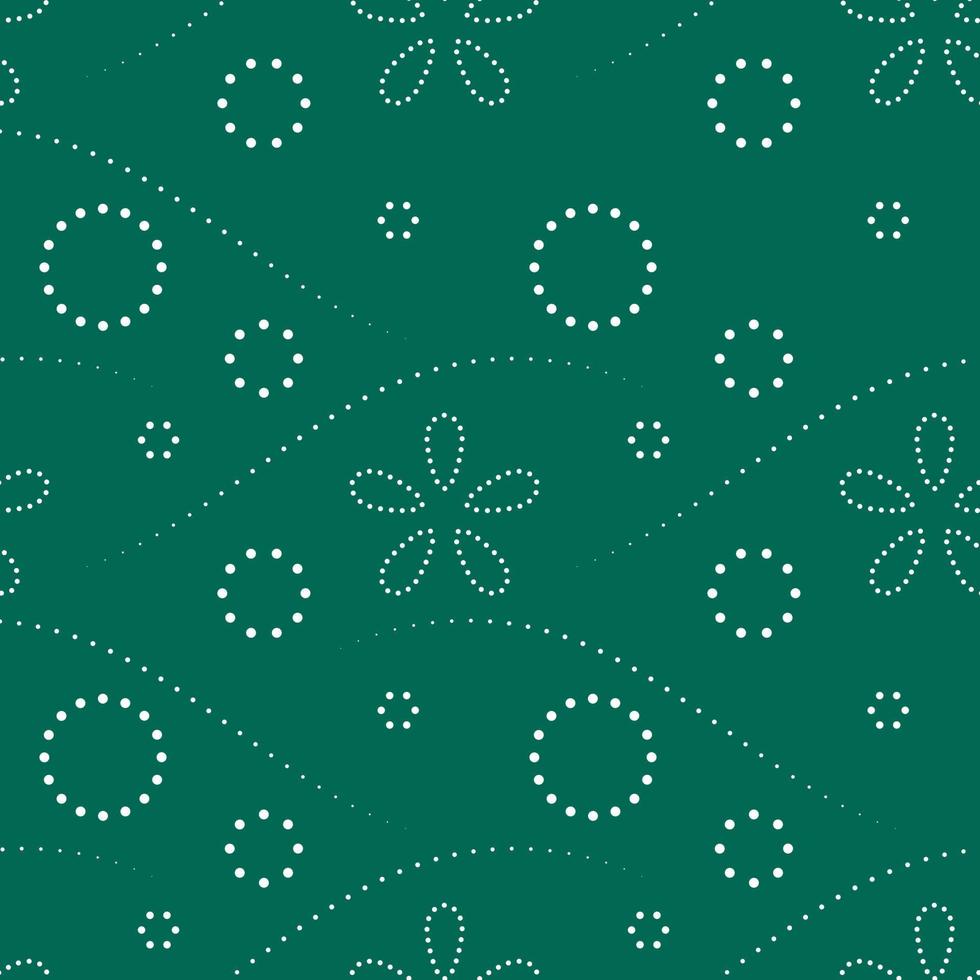 Seamless pattern with colorful round shape, beautiful white lines on green background. Vector illustration.