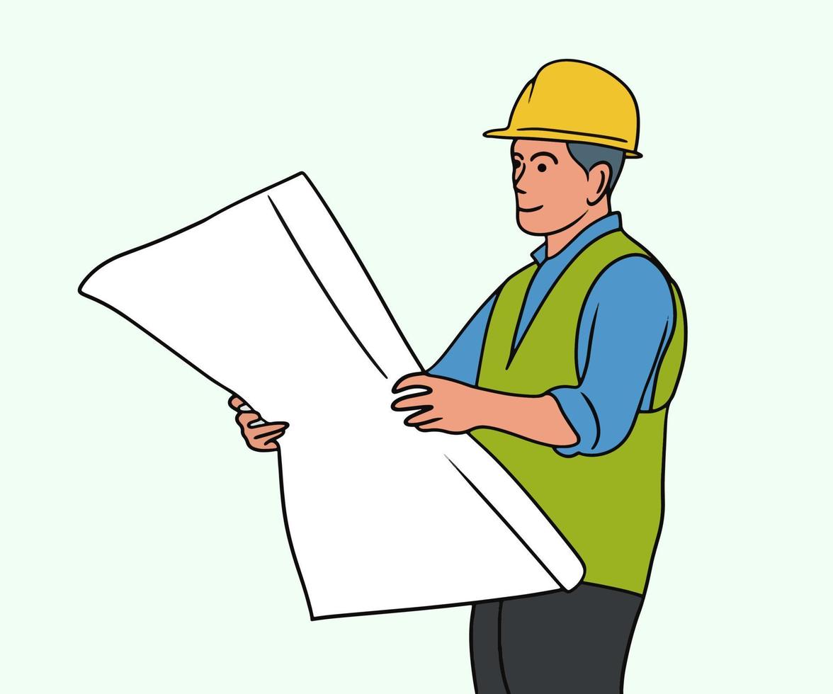 Illustration of a construction worker checking a map vector