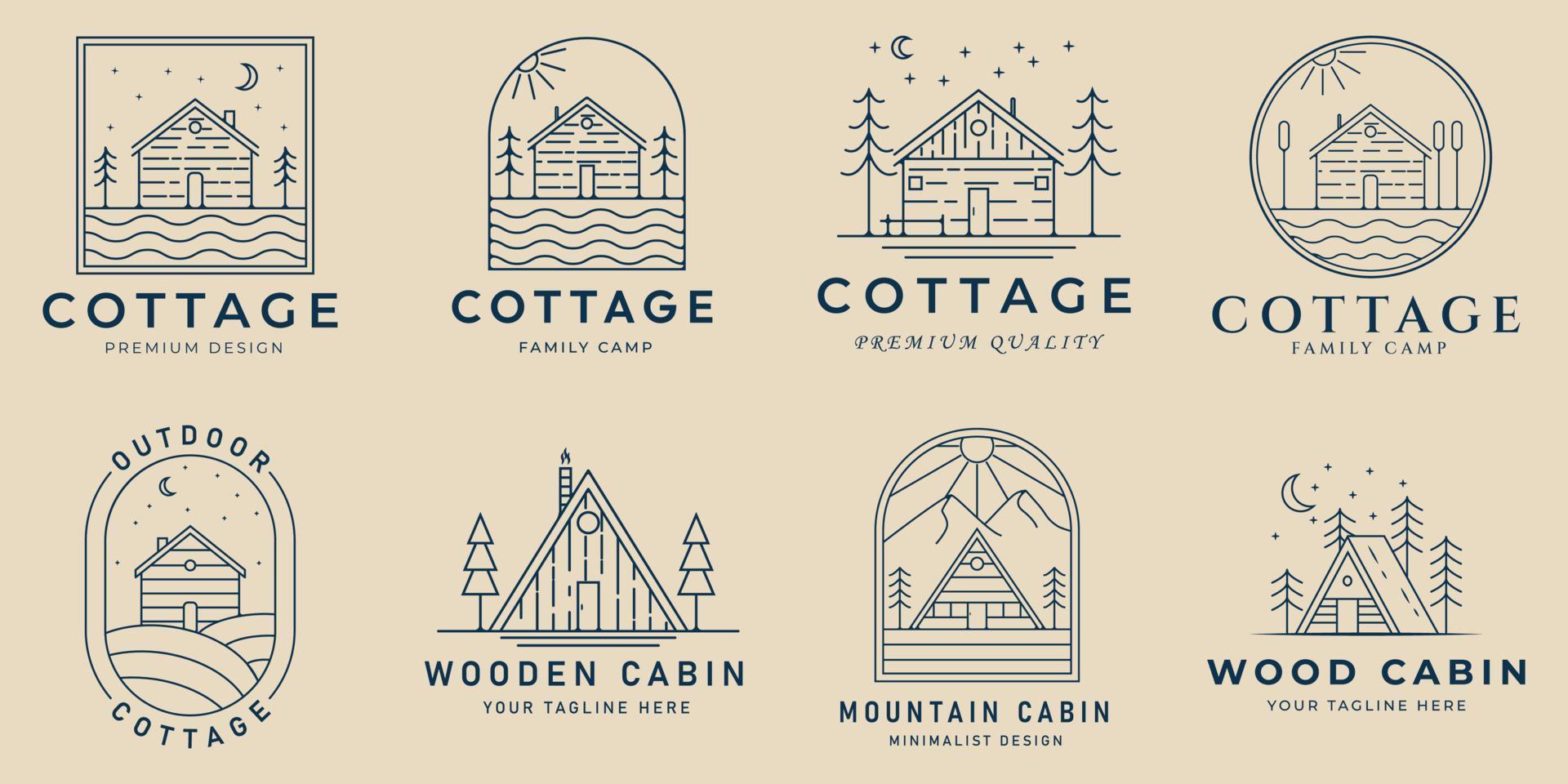 set cottage and cabin line art logo icon and symbol, with emblem vector illustration design