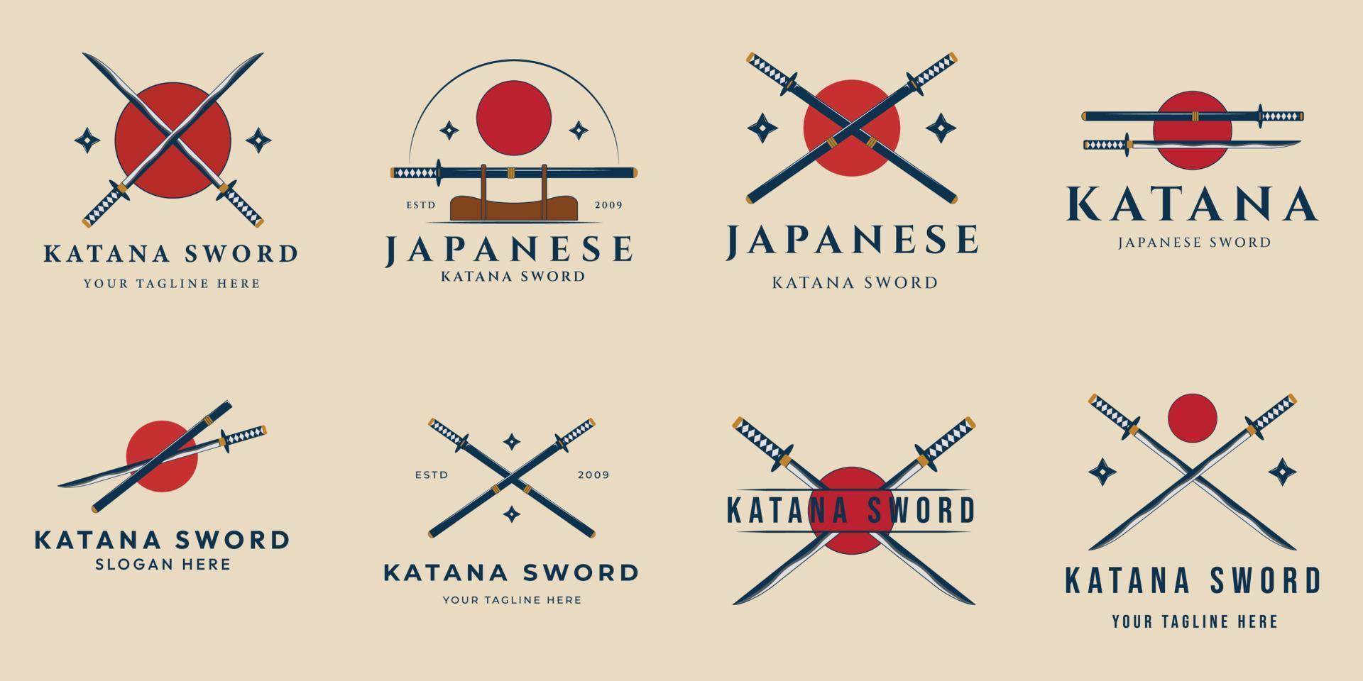 establecer espada katana logotipo vintage japonés, diseño de ilustración vectorial vector