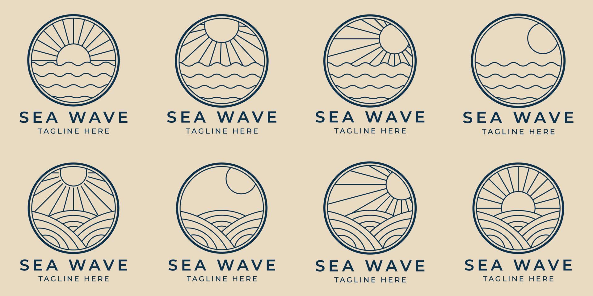 set sea wave line art logo  minimalist icon and symbol, with emblem vector illustration design