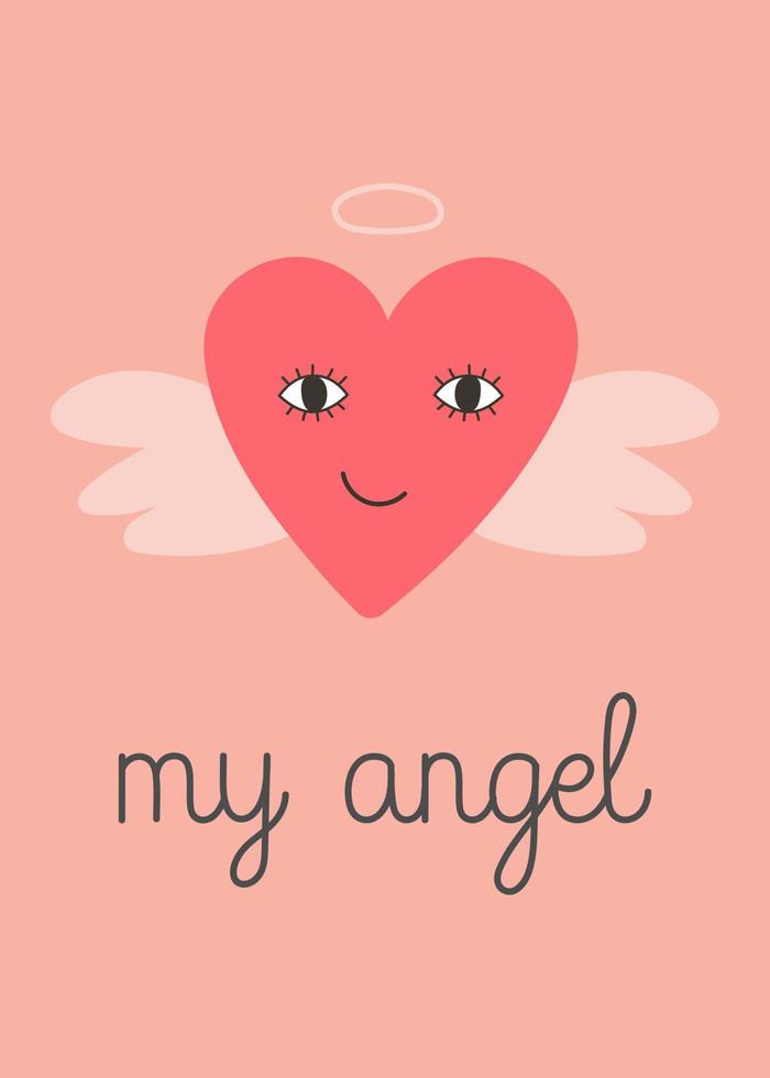 Valentine's Day greeting card. Hand drawn smiling heart with wings. Template for greeting card, invitation, poster, banner, gift tag. vector