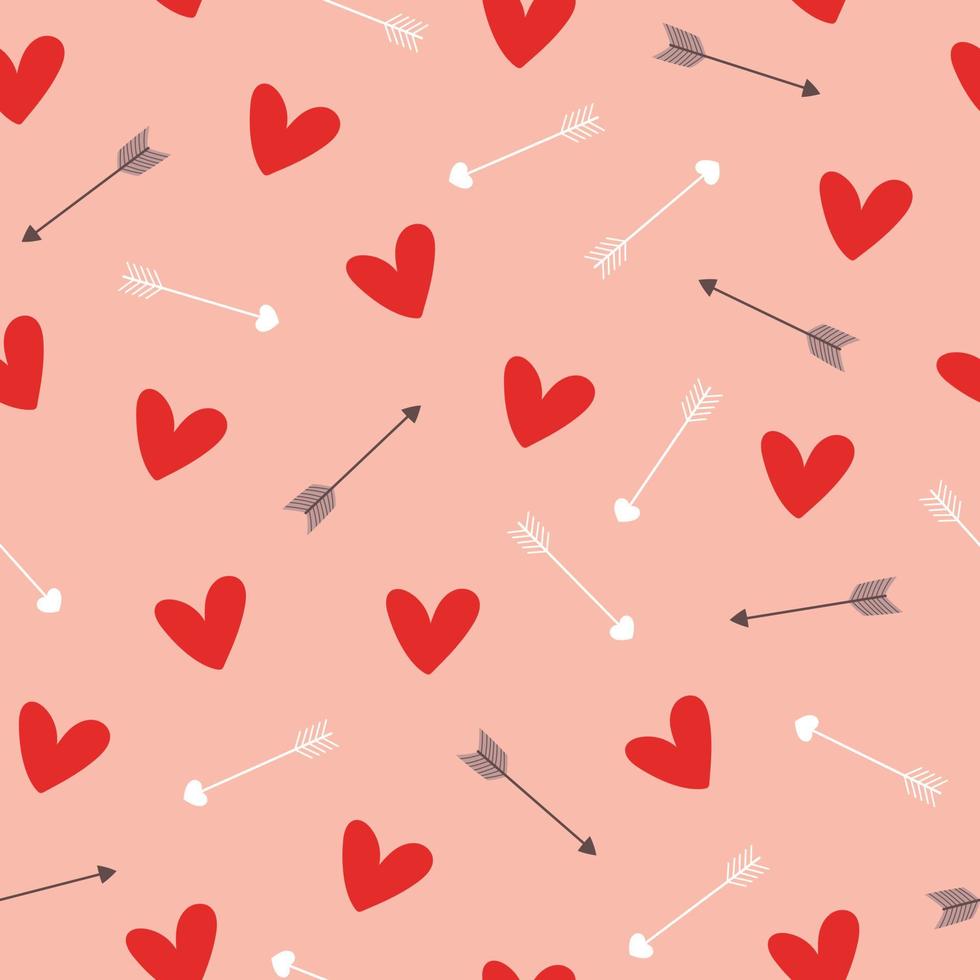 patrón abstracto sin fisuras con corazones rojos y flechas sobre fondo rosa. estilo garabato dibujado a mano vector