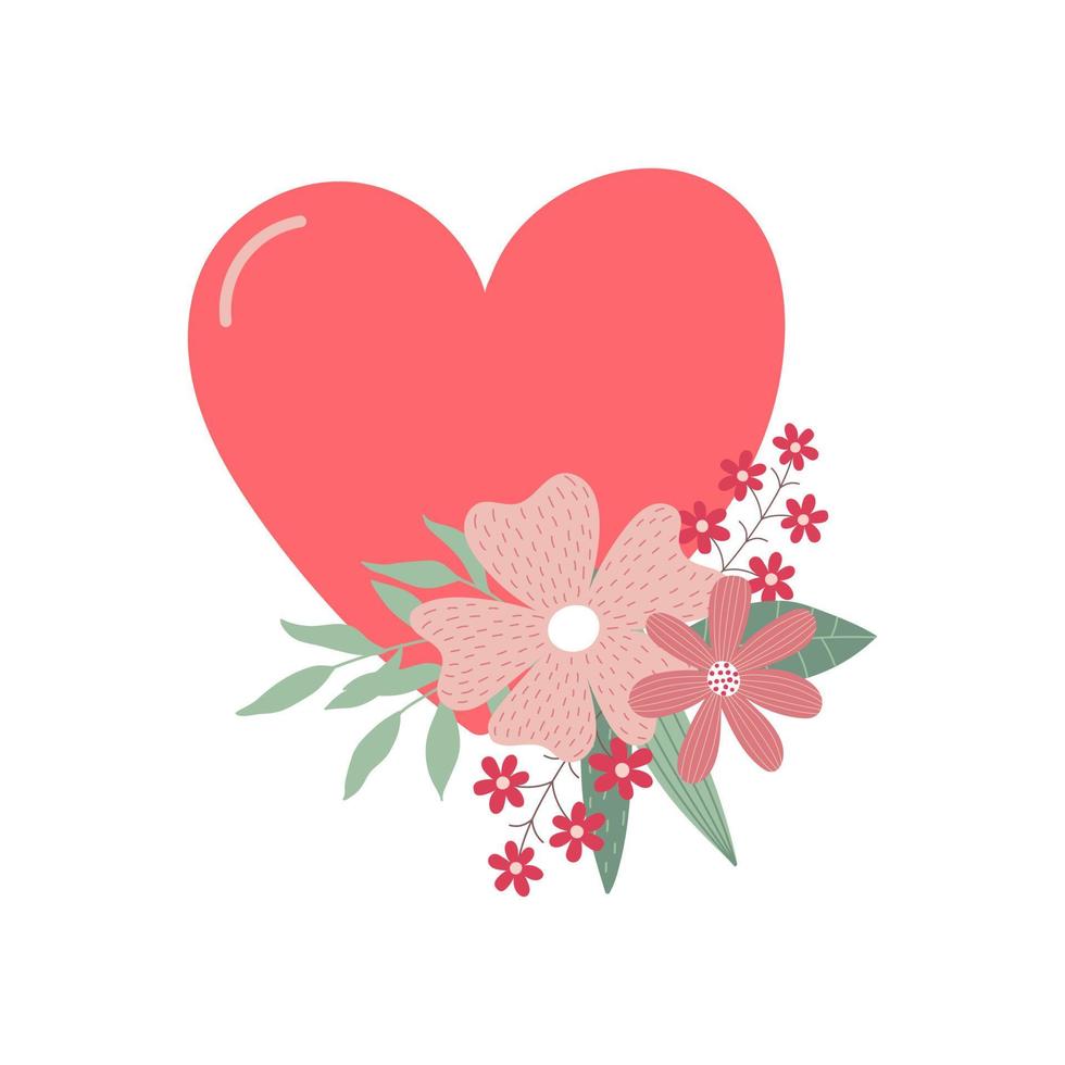Pink heart with flowers bouquet. Hand drawn doodle style. Isolated vector illustration