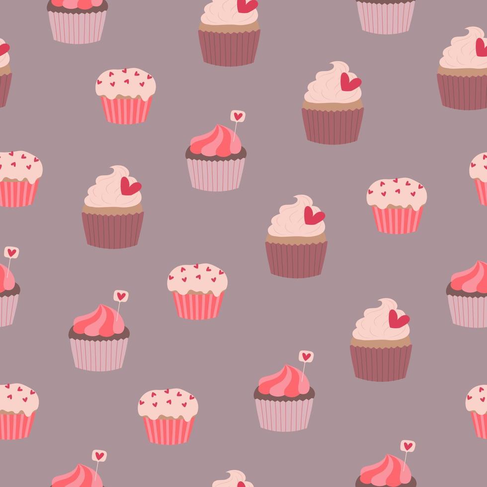 Seamless pattern of cupcakes with hearts on grey background. Hand drawn doodle style vector