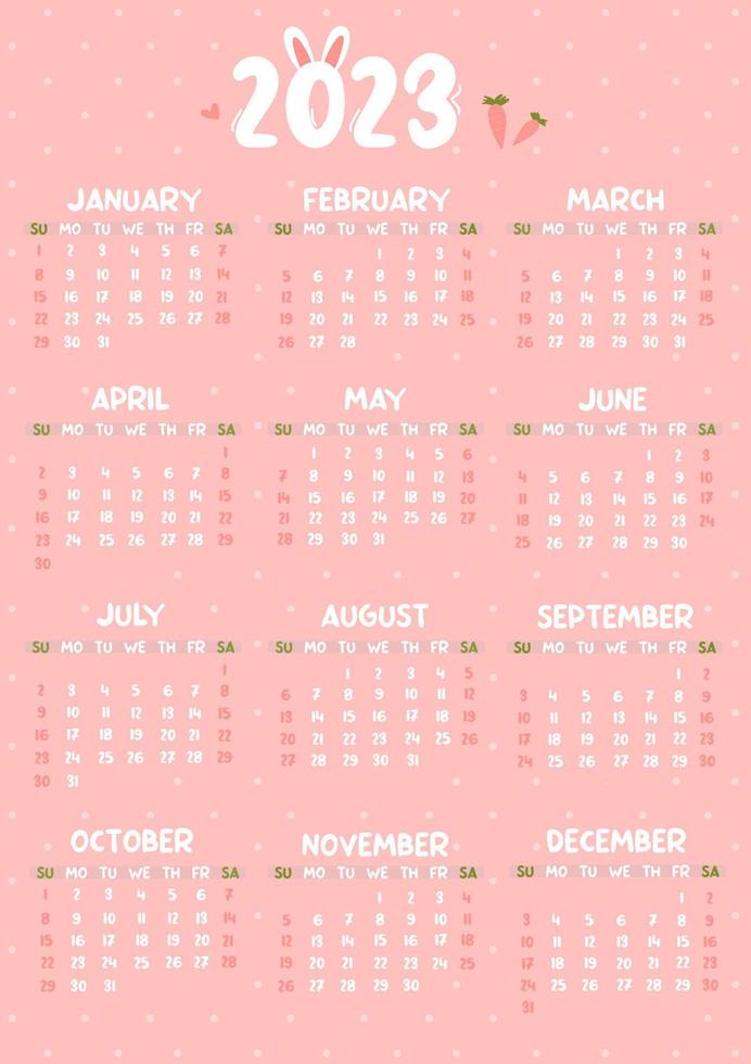 Calendar 2023, cute sweet pink rabbit on polka dot background vector