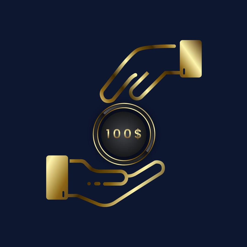 100 USD coin cashback golden symbol, gold hand giving a dollar coin, with premium hands. vector