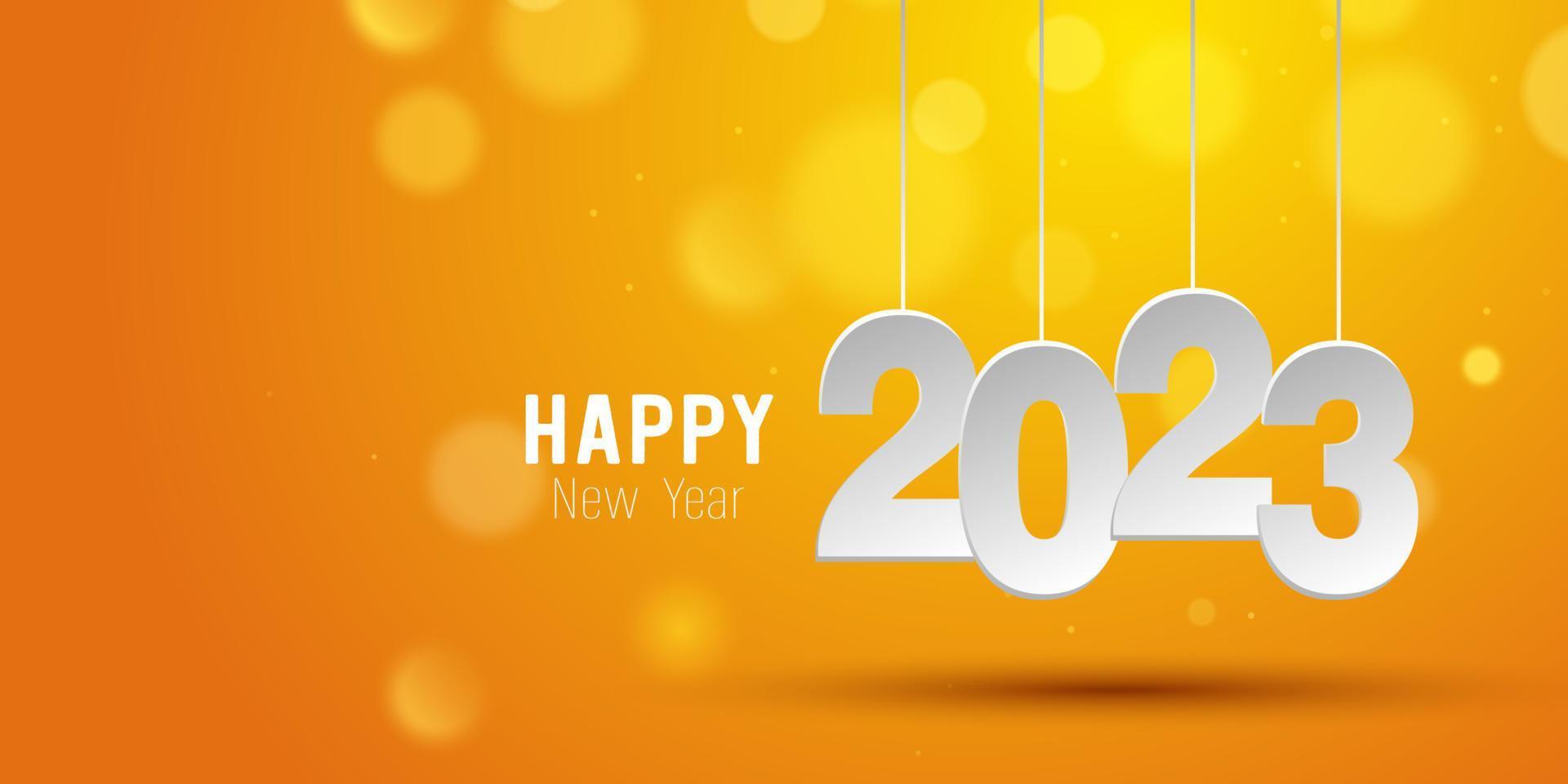 feliz año nuevo 2023. número de corte de papel colgante y burbuja de bokeh sobre fondo naranja degradado. vector