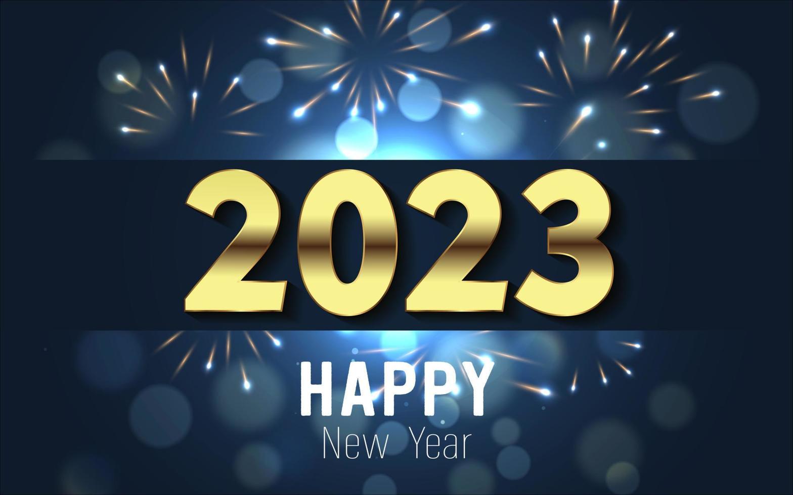 feliz año nuevo 2023. número de metal dorado y texto con bubber bokeh y fuegos artificiales sobre fondo azul degradado. vector