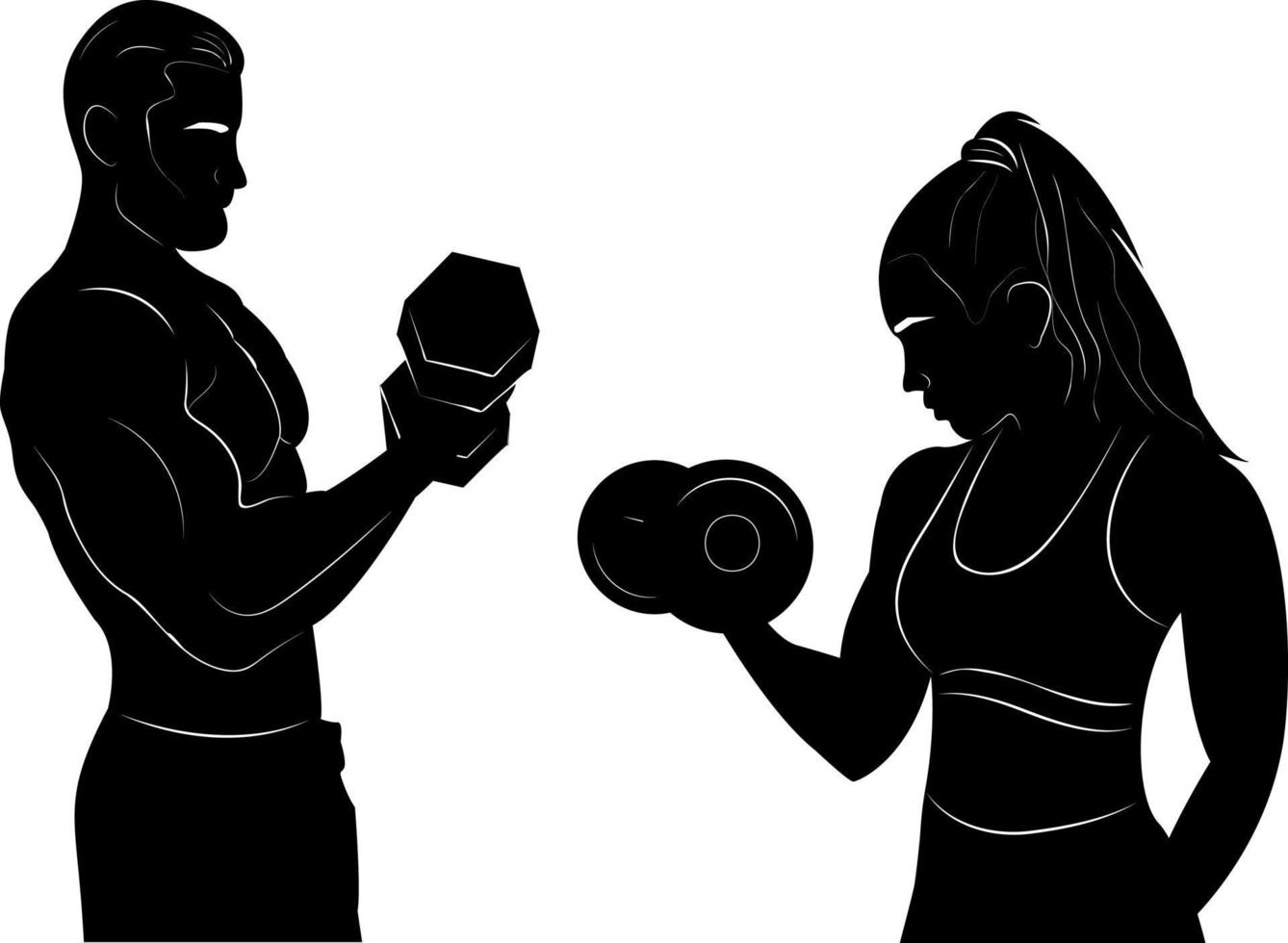 Silhouette. Woman and man in training. Dumbbells. Fitness. Logo. Sport. GYM. Bodybuilding. vector