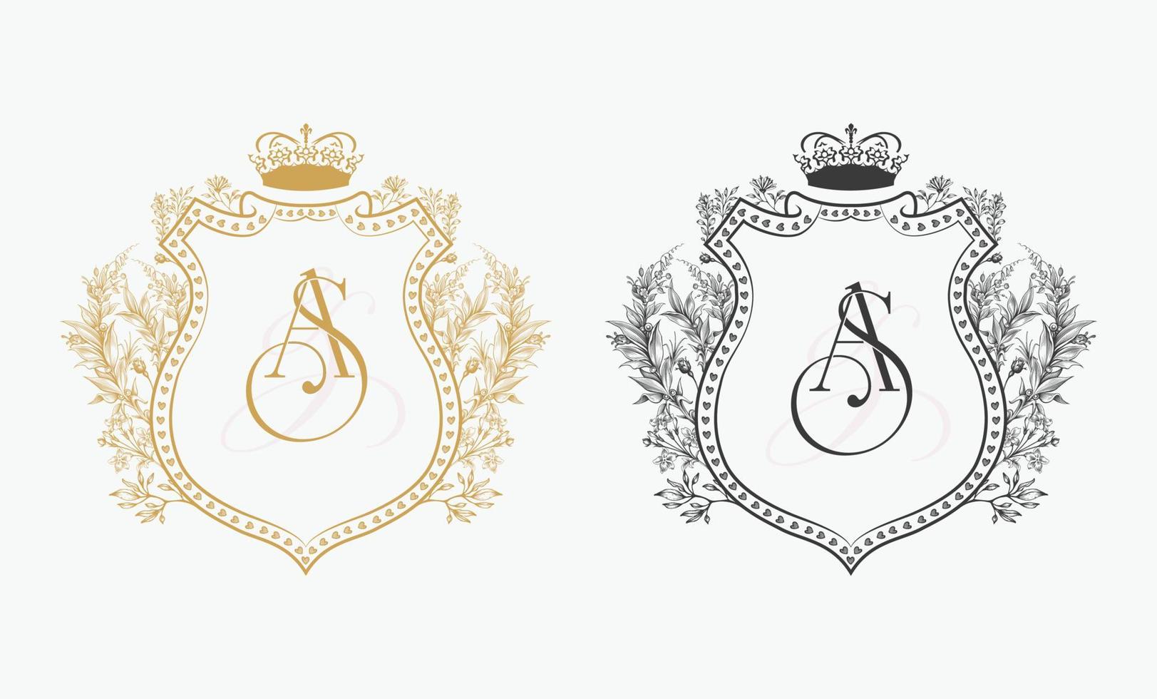 monograma de la cresta de la boda de la corona. elegante logotipo de emblema real para bodas, restaurantes, boutiques. como logotipo inicial de la boda. se puede utilizar para diseñar tarjetas de presentación, invitaciones, cuadernillos y folletos. vector