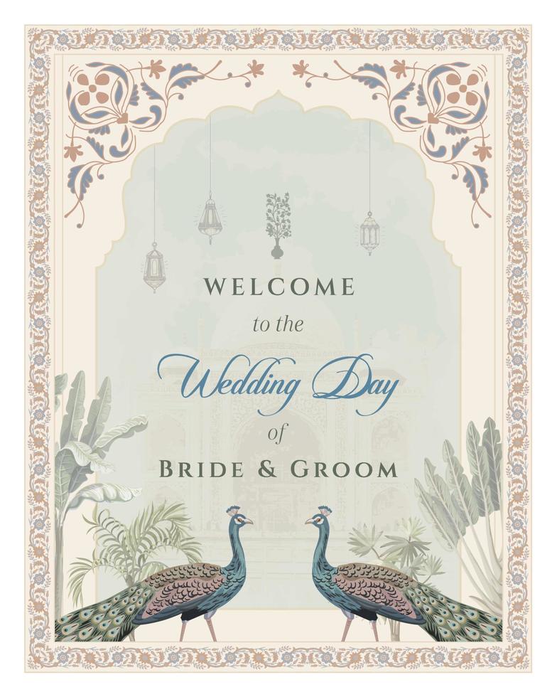 Traditional Indian Mughal Wedding Welcome Board and Mughal Wedding Card Design. Wedding welcome board for printing vector illustration.