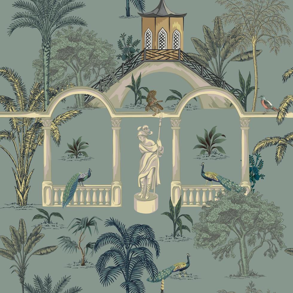 Tropical Park ink drawn palm trees, pagoda, peacock, arch summer floral seamless pattern. Exotic jungle wallpaper. vector