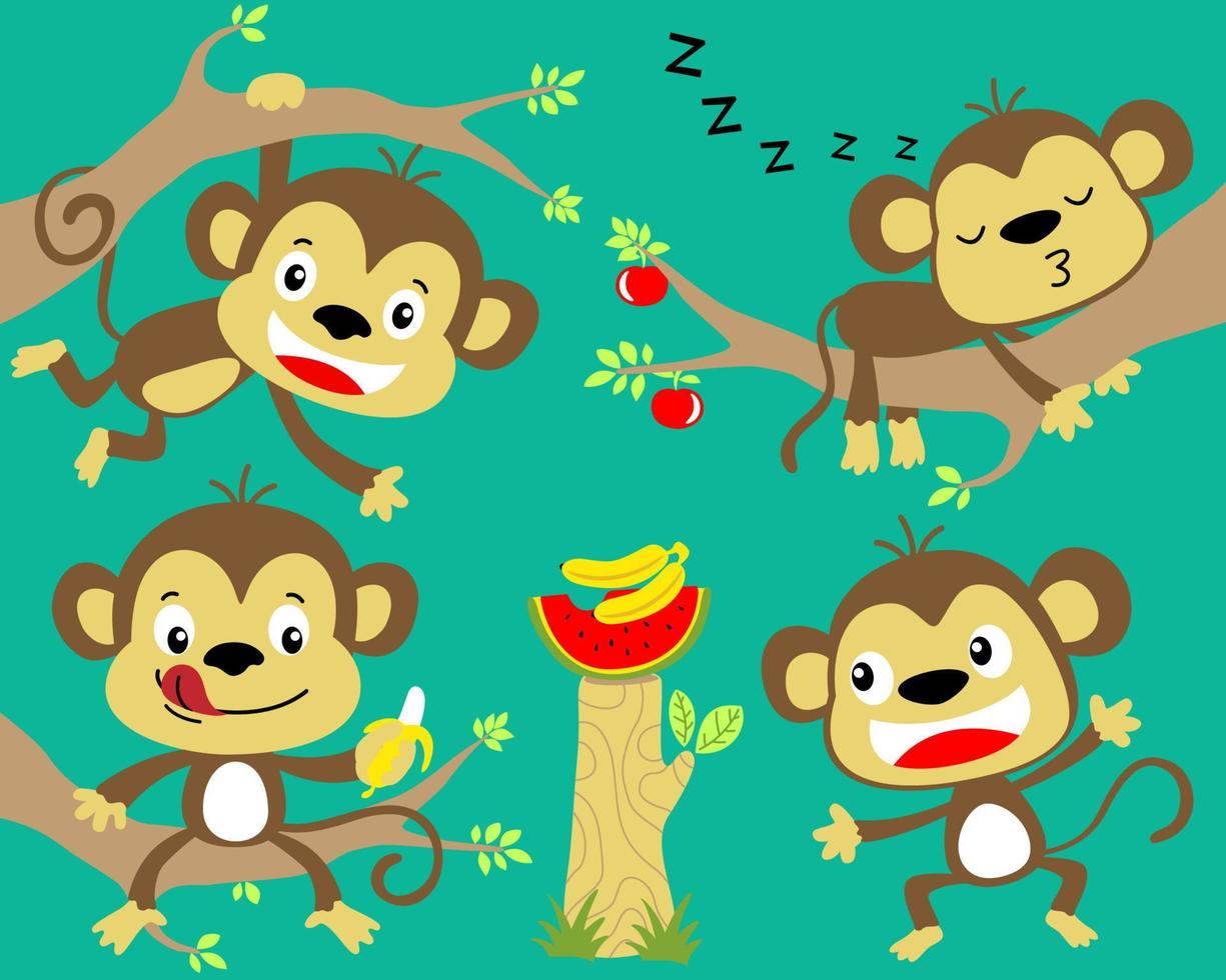 Vector set of funny monkey cartoon in tree branches with fruits
