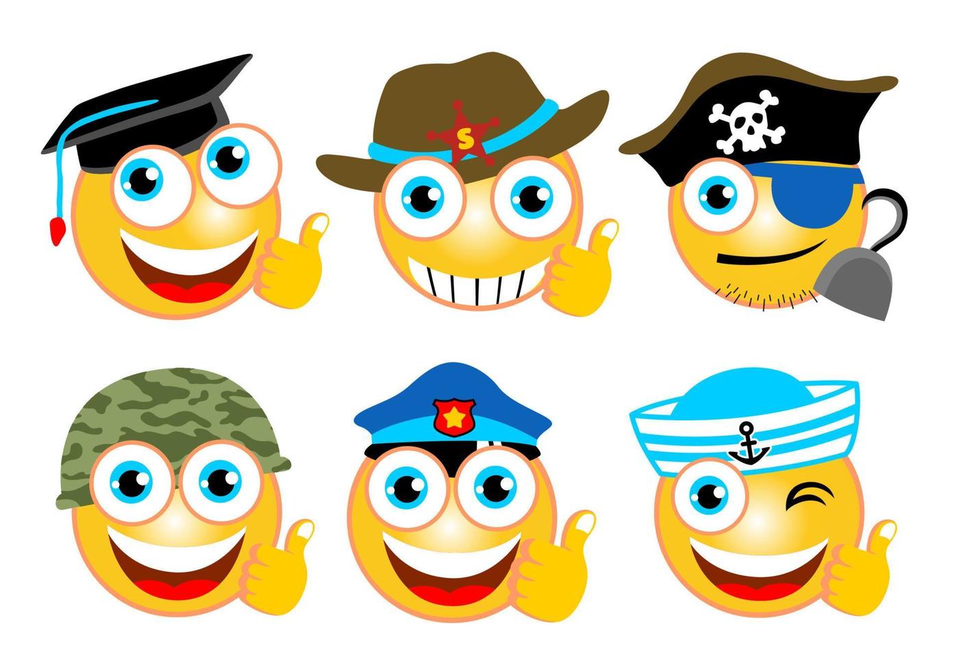 Vector illustration of funny emoticons with different hat or caps