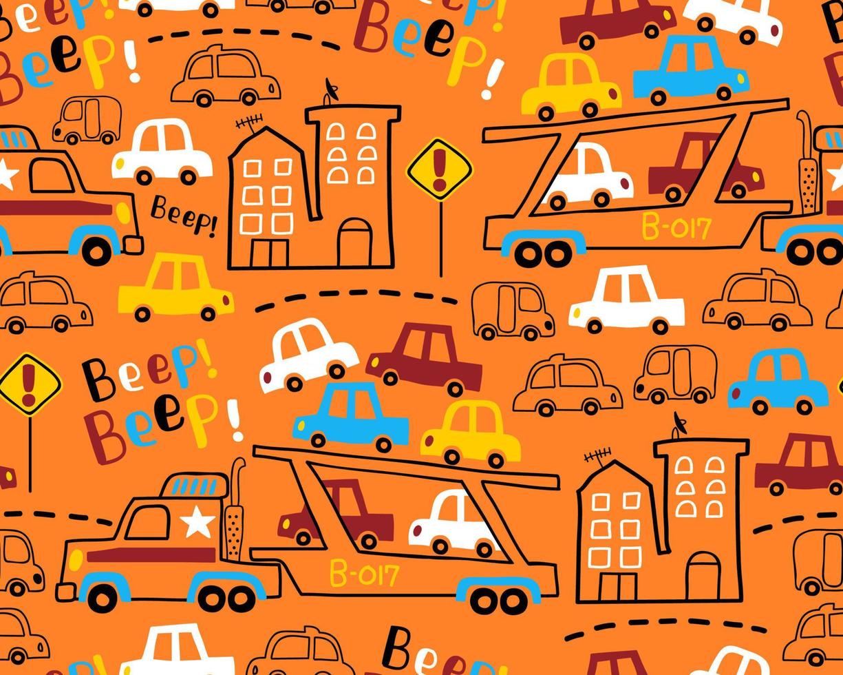 Seamless pattern vector of truck cars carrier cartoon, buildings, traffic signs
