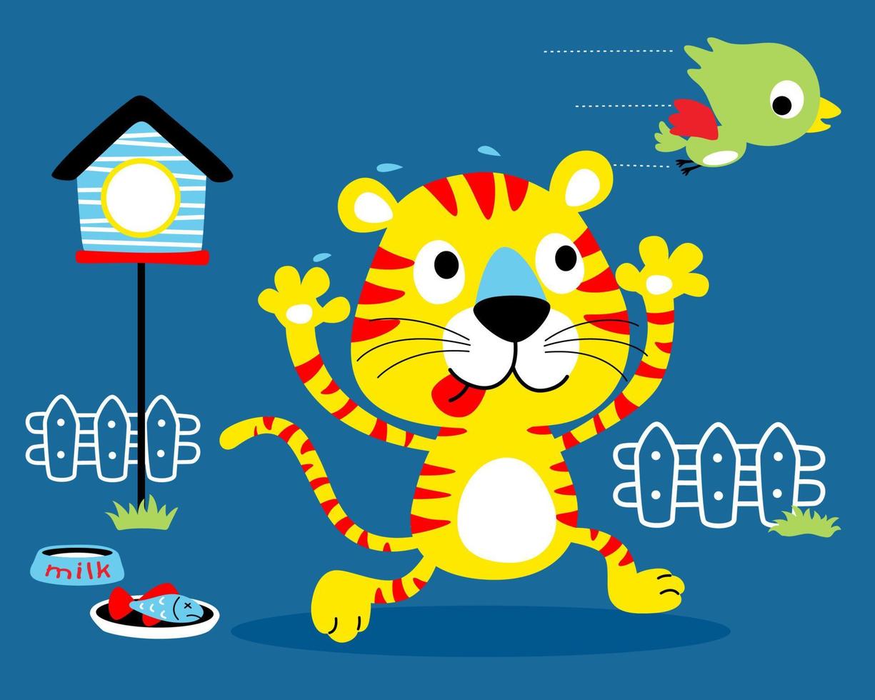 Animals cartoon vector, kitten play chasing little bird with birdcage, bowl and fish vector