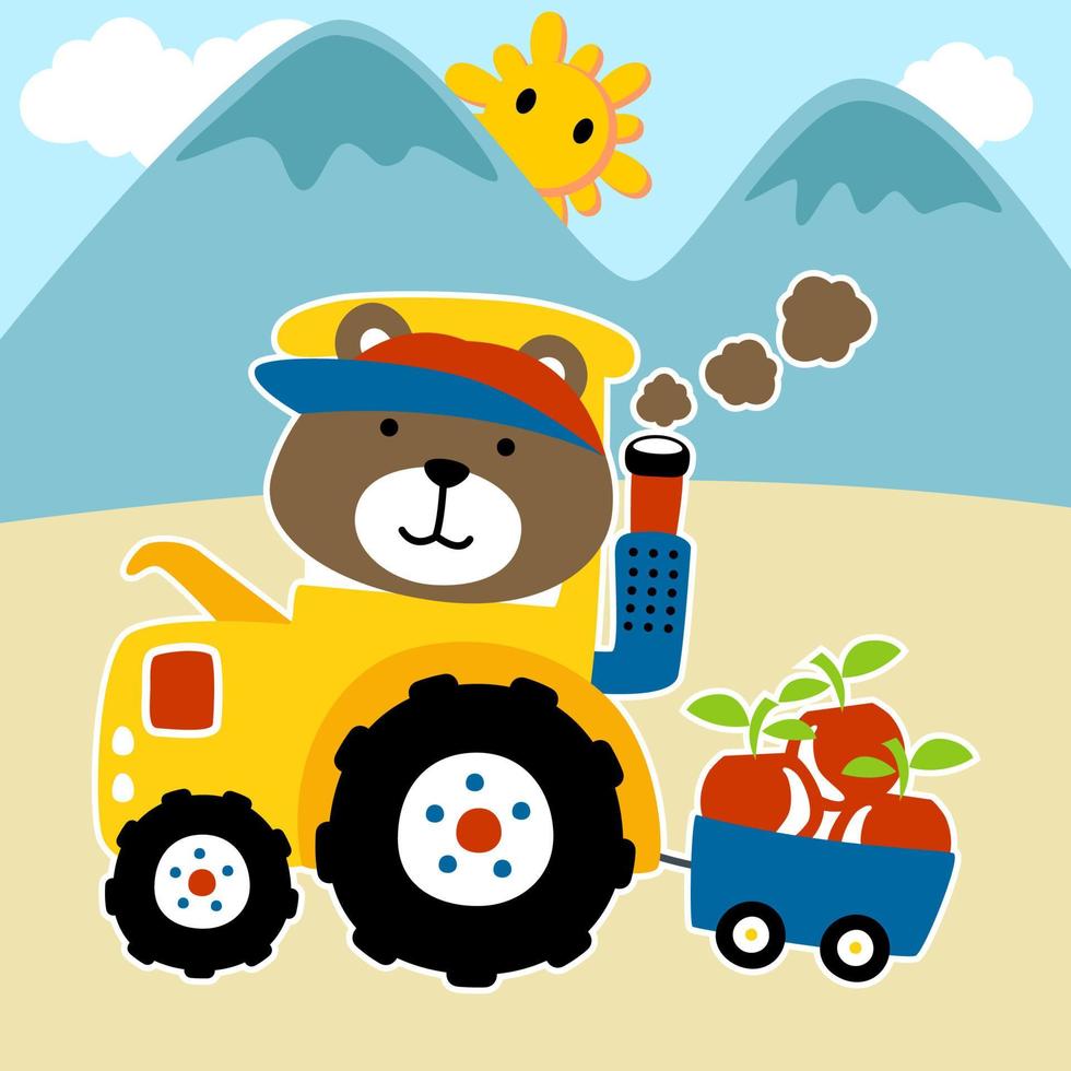 little bear driving tractor pulling fruits on cart, vector cartoon illustration