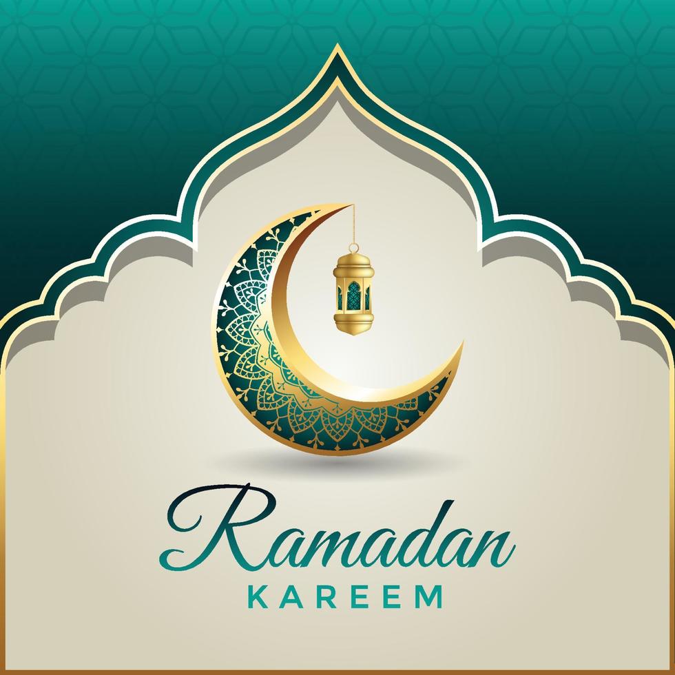 Islamic greetings ramadan kareem card design with crescent and lantern vector