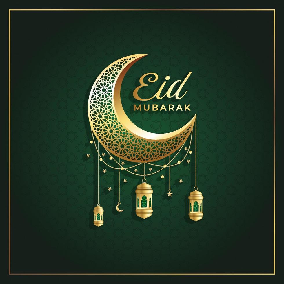 Eid mubarak greeting card with gold lantern and crescent moon vector