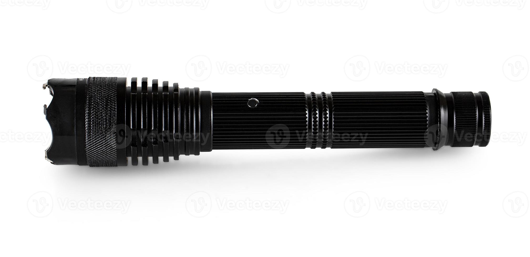 metal black flashlight. Portable flashlight isolate on a white background. photo