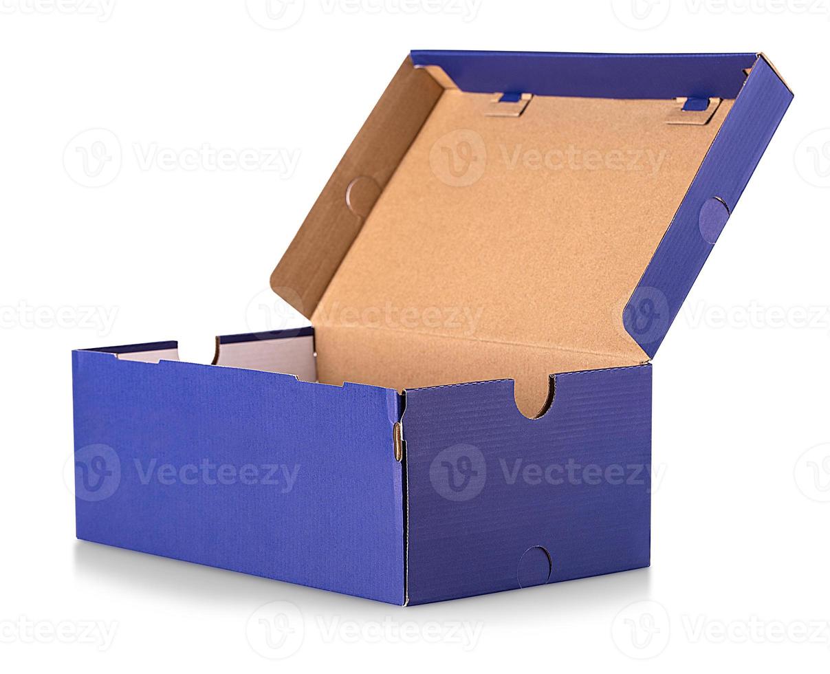 Blue open shoe box isolated on white background photo