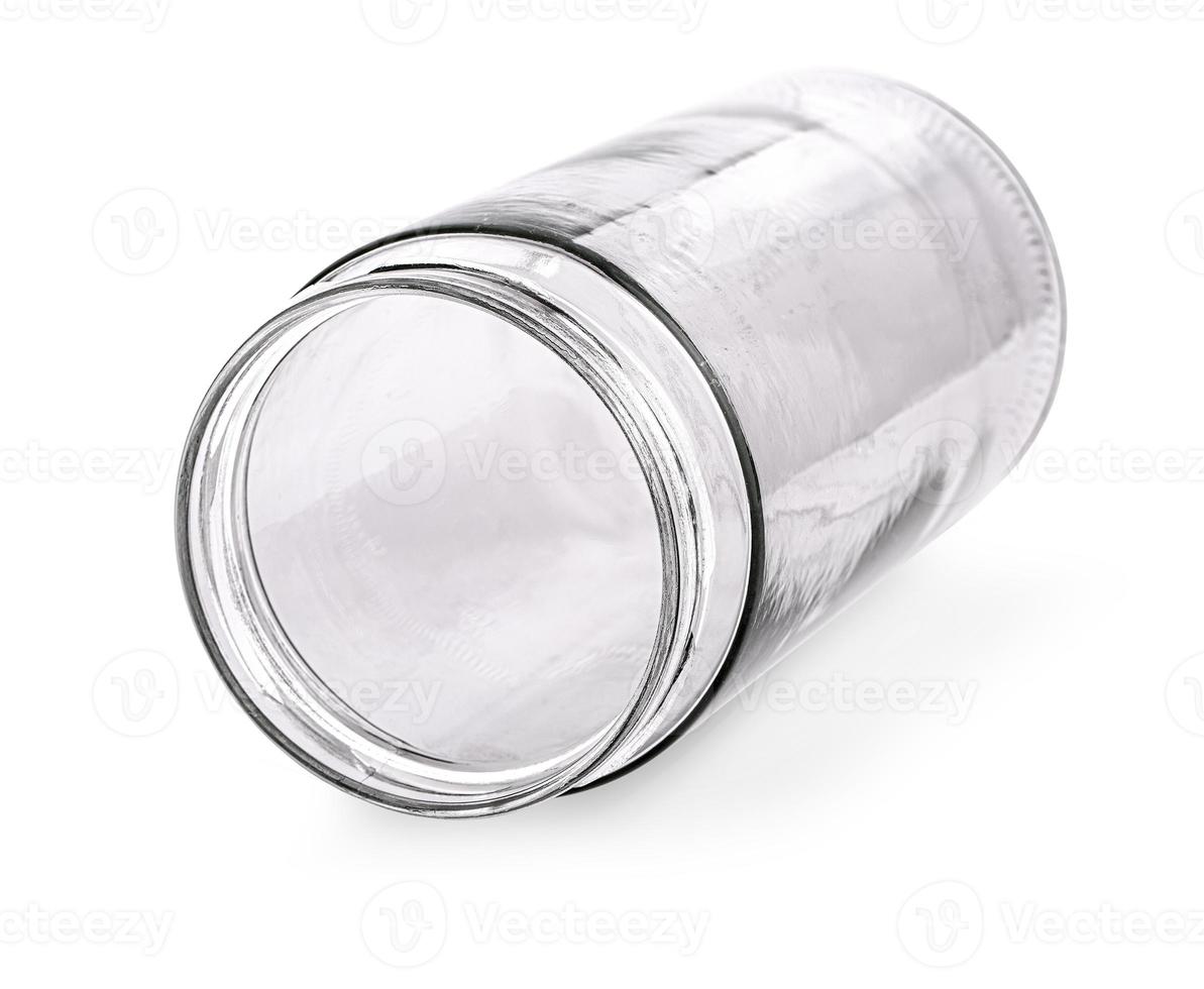 glass empty jar on the side isolated on white background photo