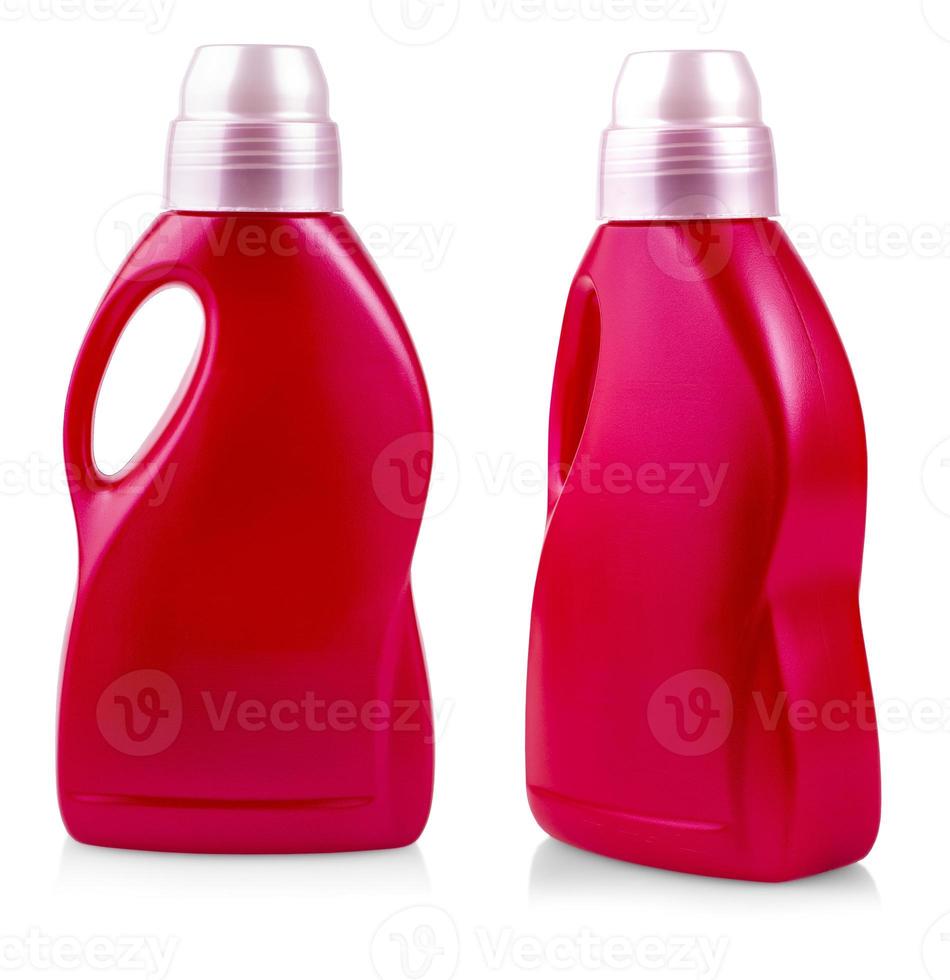 Red plastic bottle isolated on white background photo
